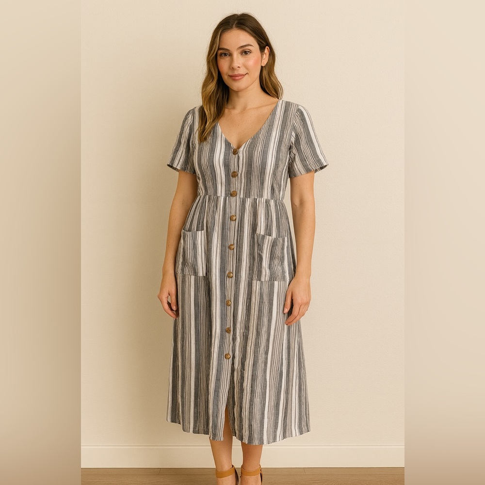 Hope Ave Loveriche Cotton Striped Taupe Button-Down Midi Dress